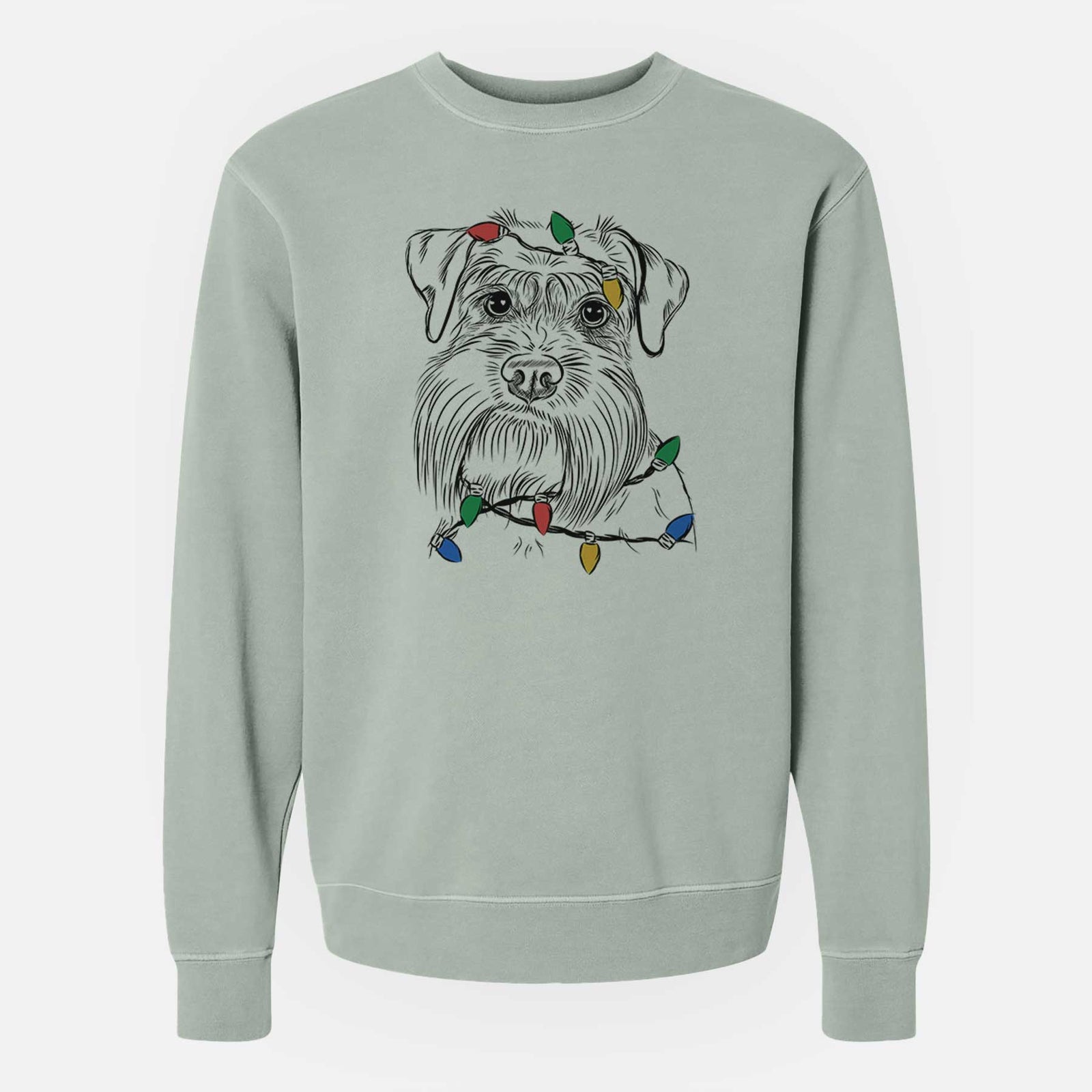 Hand-drawn sketch of Wrigley the Schnauzer wrapped in Christmas lights on a Sage Unisex pigment dyed crew sweatshirt