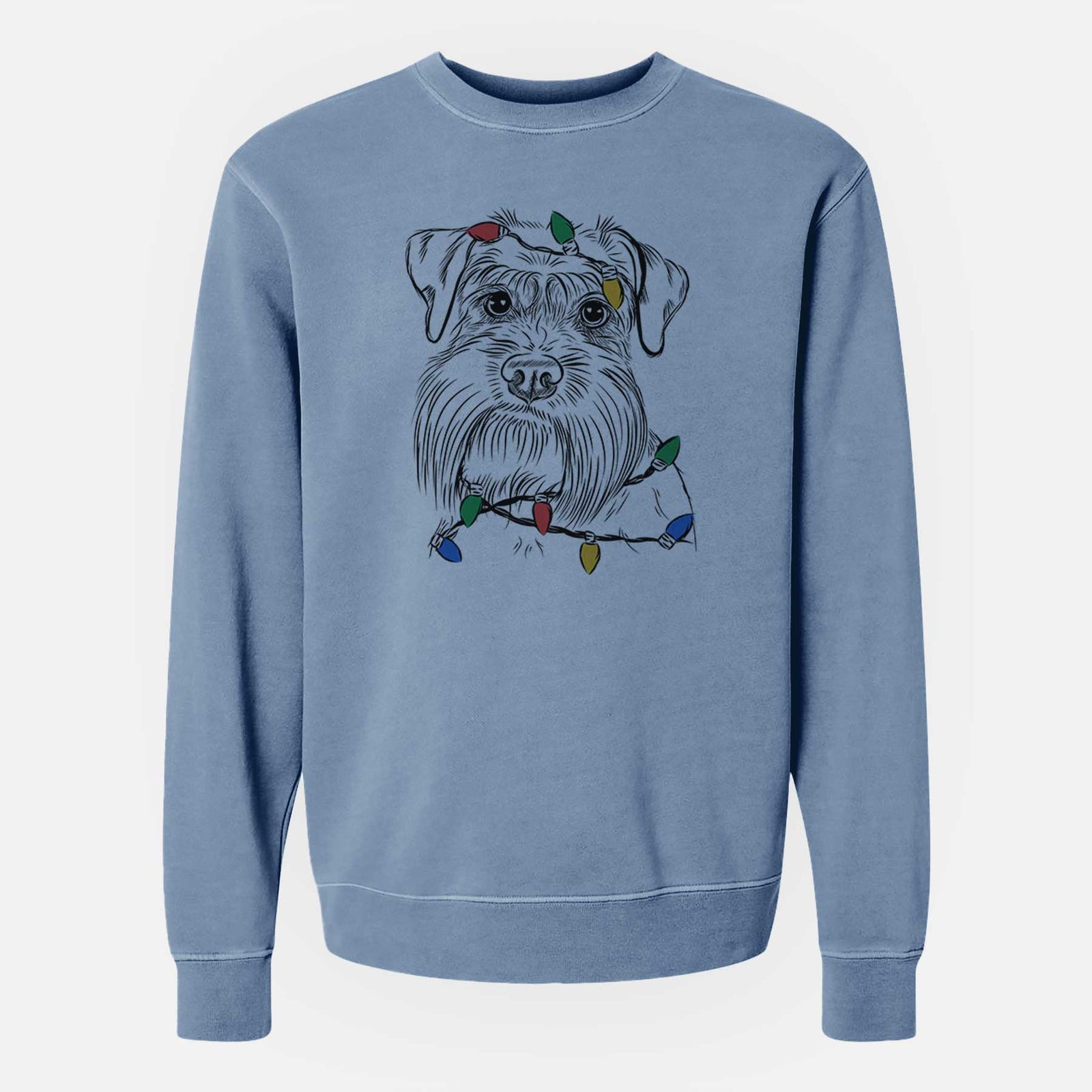 Hand-drawn sketch of Wrigley the Schnauzer wrapped in Christmas lights on a Slate Blue Unisex pigment dyed crew sweatshirt