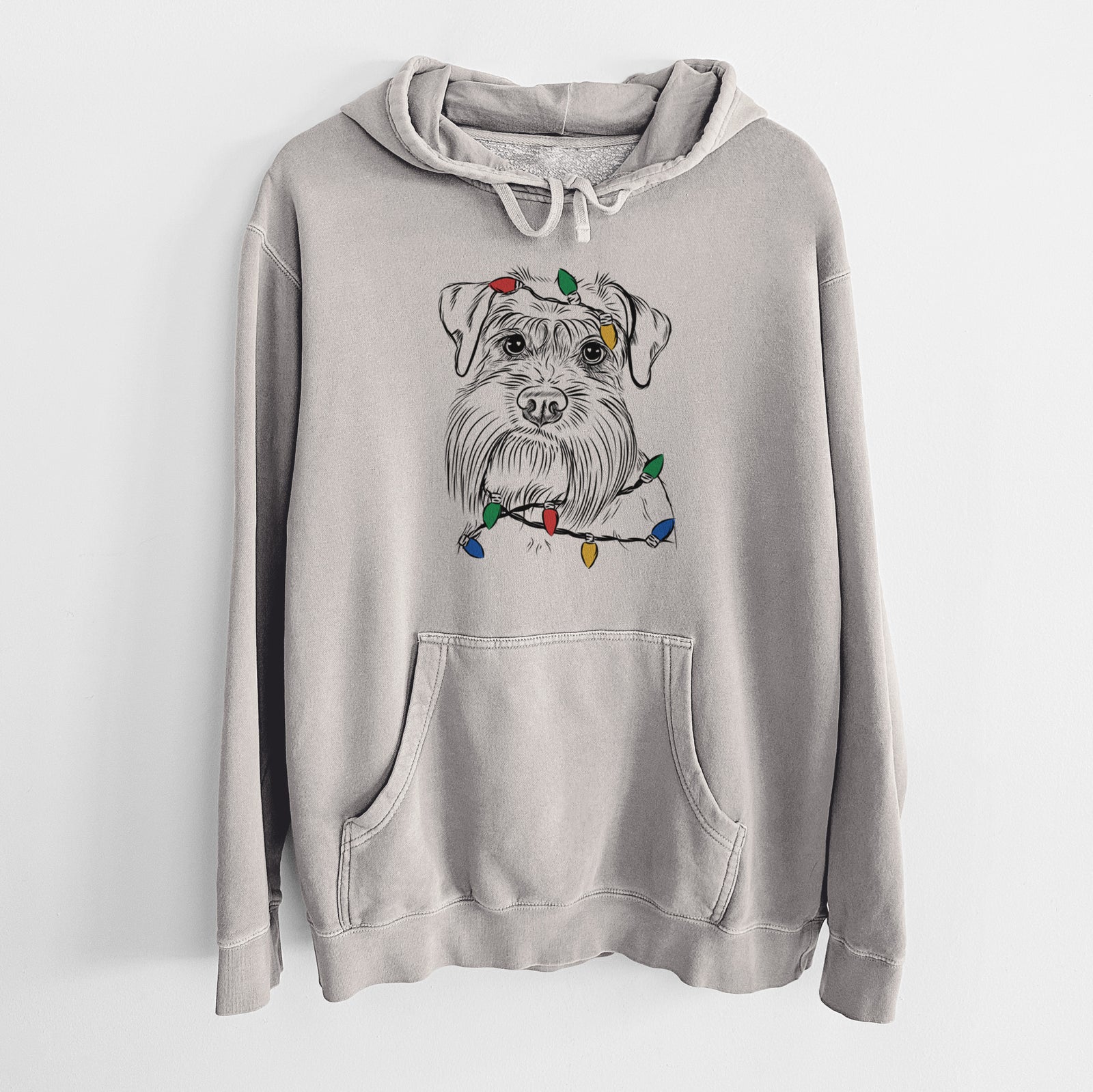 Hand-drawn sketch of Wrigley the Schnauzer wrapped in Christmas lights on a Cement Unisex pigment dyed hoodie