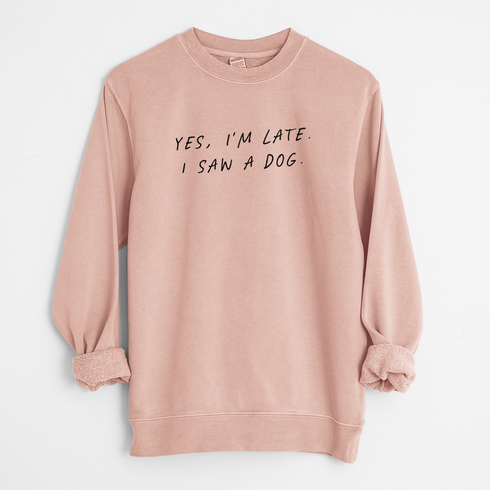 Yes, I'm Late. I Saw a Dog - Unisex Pigment Dyed Crew Sweatshirt in Dusty Pink