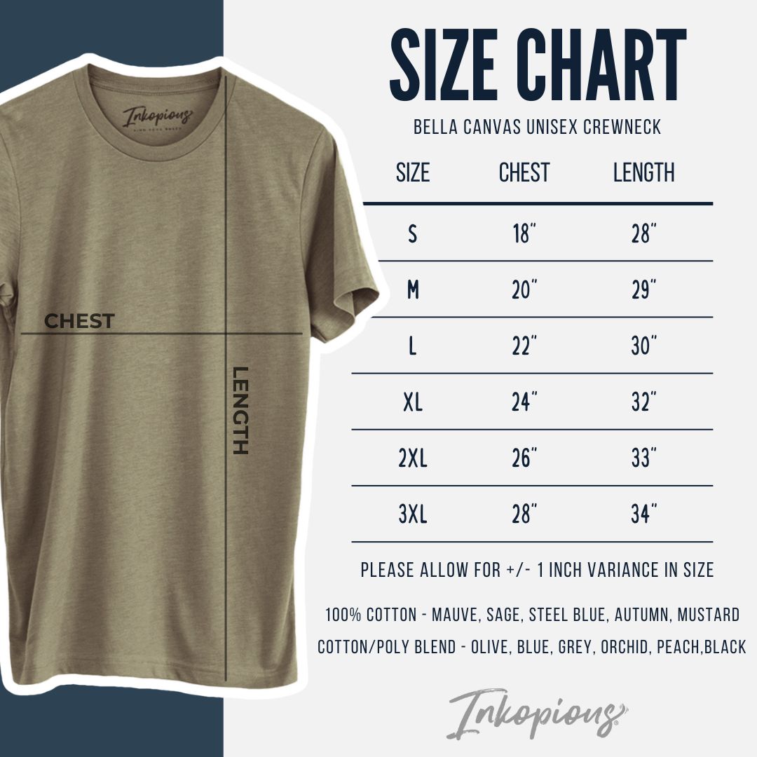 Bella Canvas unisex crewneck size chart: Size Small, Chest 18" wide when laid flat, Length 28"; Size Medium, Chest 20" wide, Length 29"; Size Large, Chest 22" wide, Length 30"; Size XL, Chest 24" wide, Length 32"; Size 2XL, Chest 26" wide, Length 33"; Size 3XL, Chest 28" wide, Length 34". Allow +/- 1 inch variance.