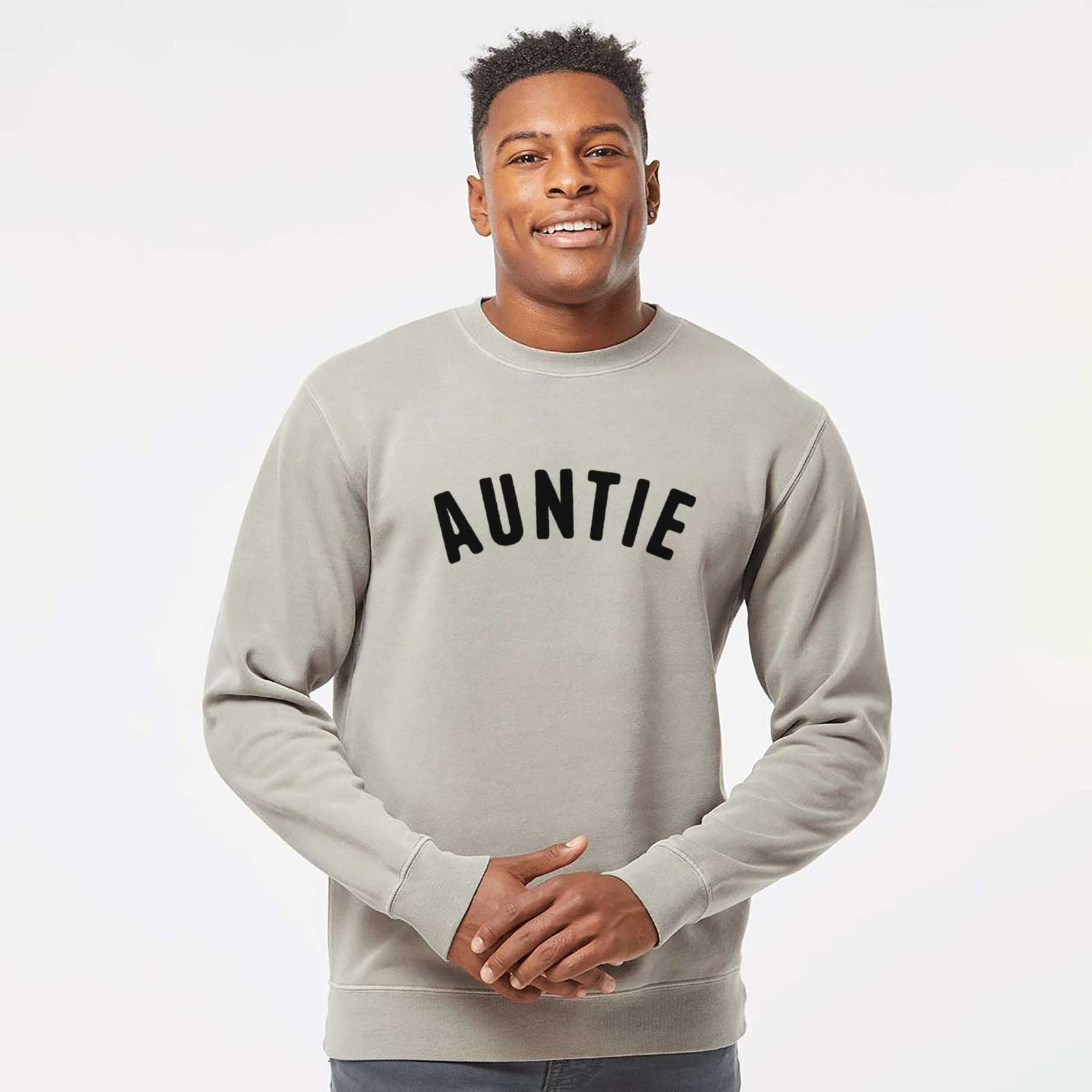 'Auntie - Articulate Collection' design on a Cement Unisex pigment dyed crew sweatshirt