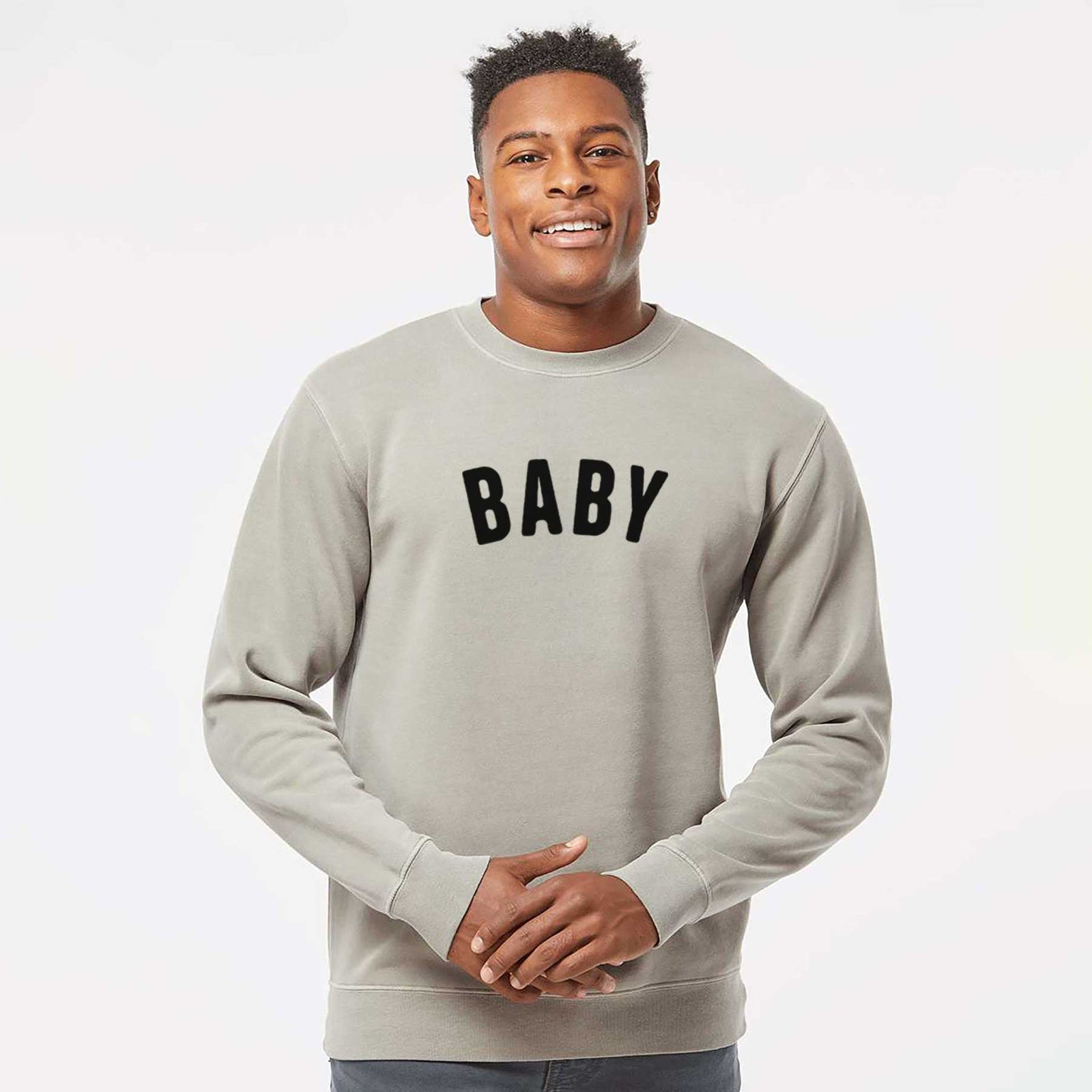 'Baby - Articulate Collection' design on a Cement Unisex pigment dyed crew sweatshirt