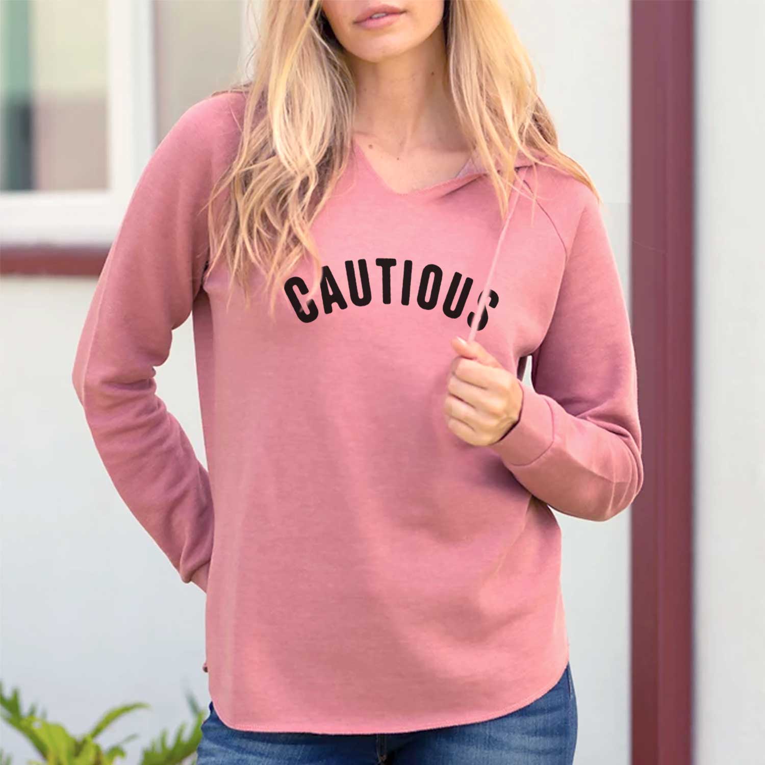 'Cautious - Articulate Collection' design on a Dusty Rose Cali Wave Hooded Sweatshirt, lifestyle photo