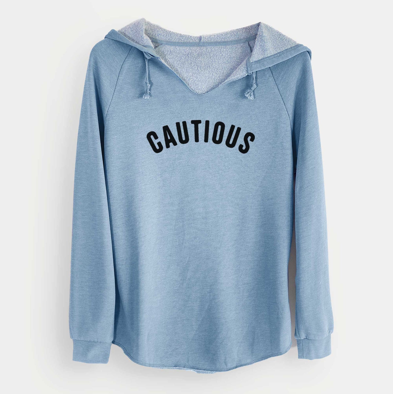 'Cautious - Articulate Collection' design on a Misty Blue Cali Wave Hooded Sweatshirt
