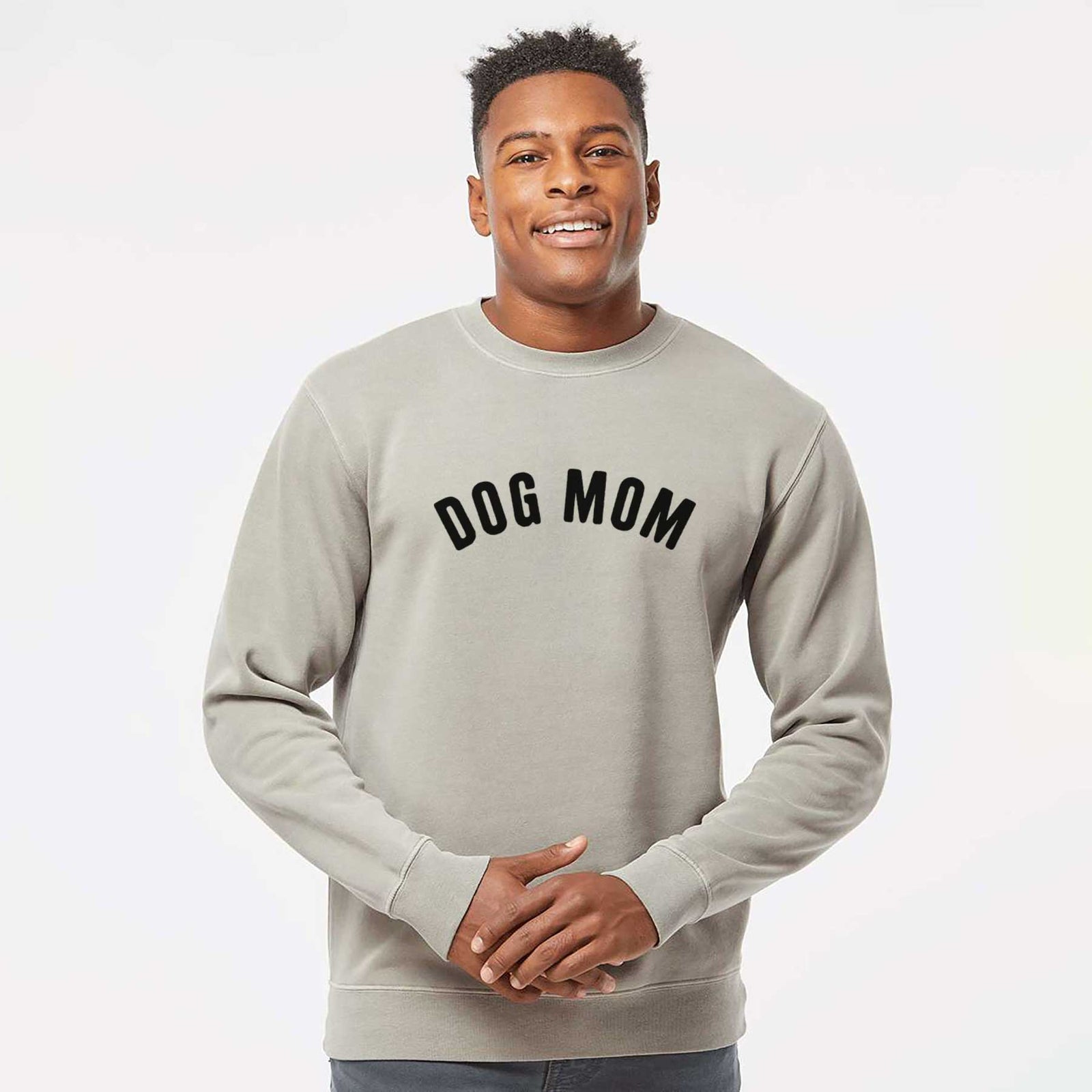 'Dog Mom - Articulate Collection' design on a Cement Unisex pigment dyed crew sweatshirt