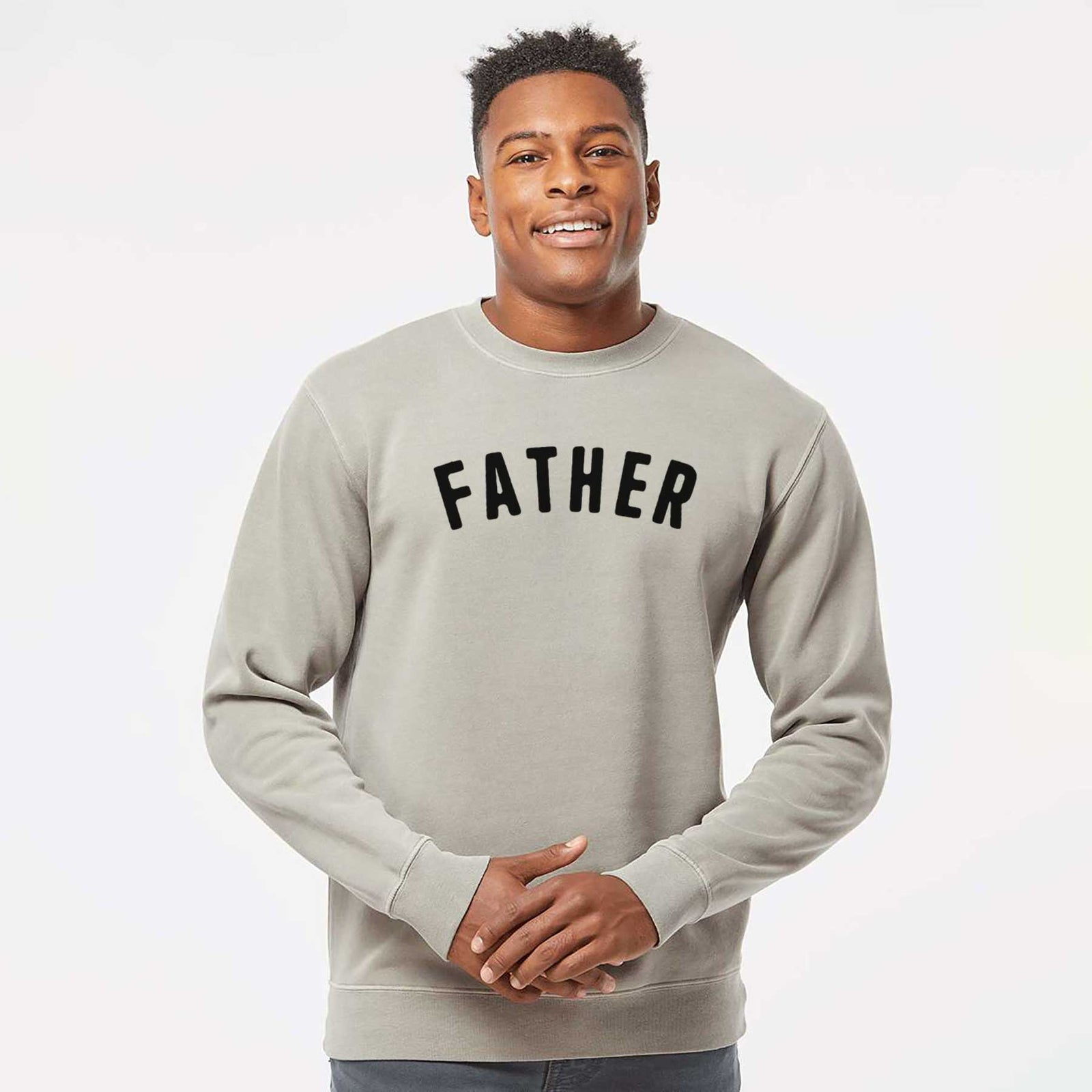'Father - Articulate Collection' design on a Cement Unisex pigment dyed crew sweatshirt