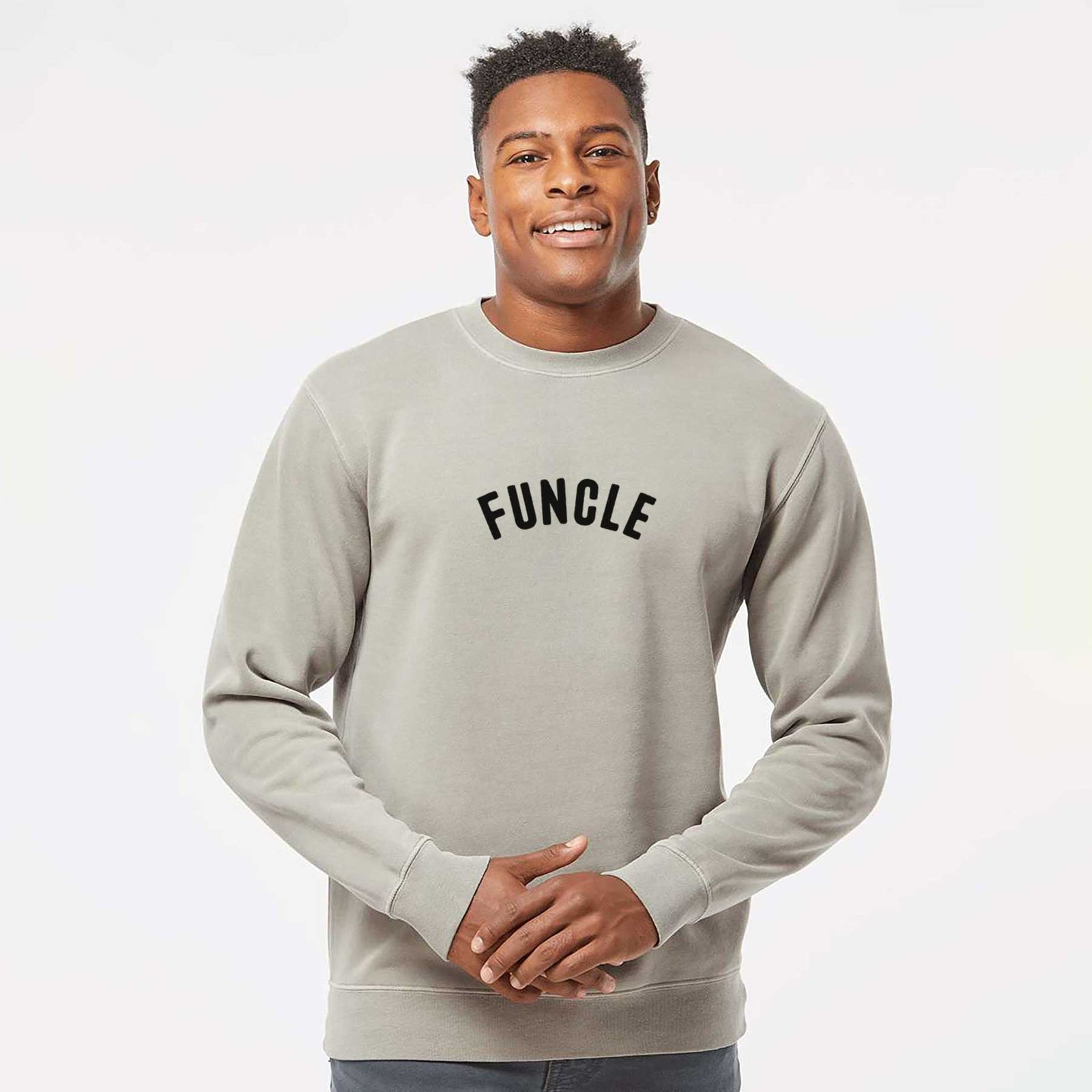 'Funcle - Articulate Collection' design on a Cement Unisex pigment dyed crew sweatshirt