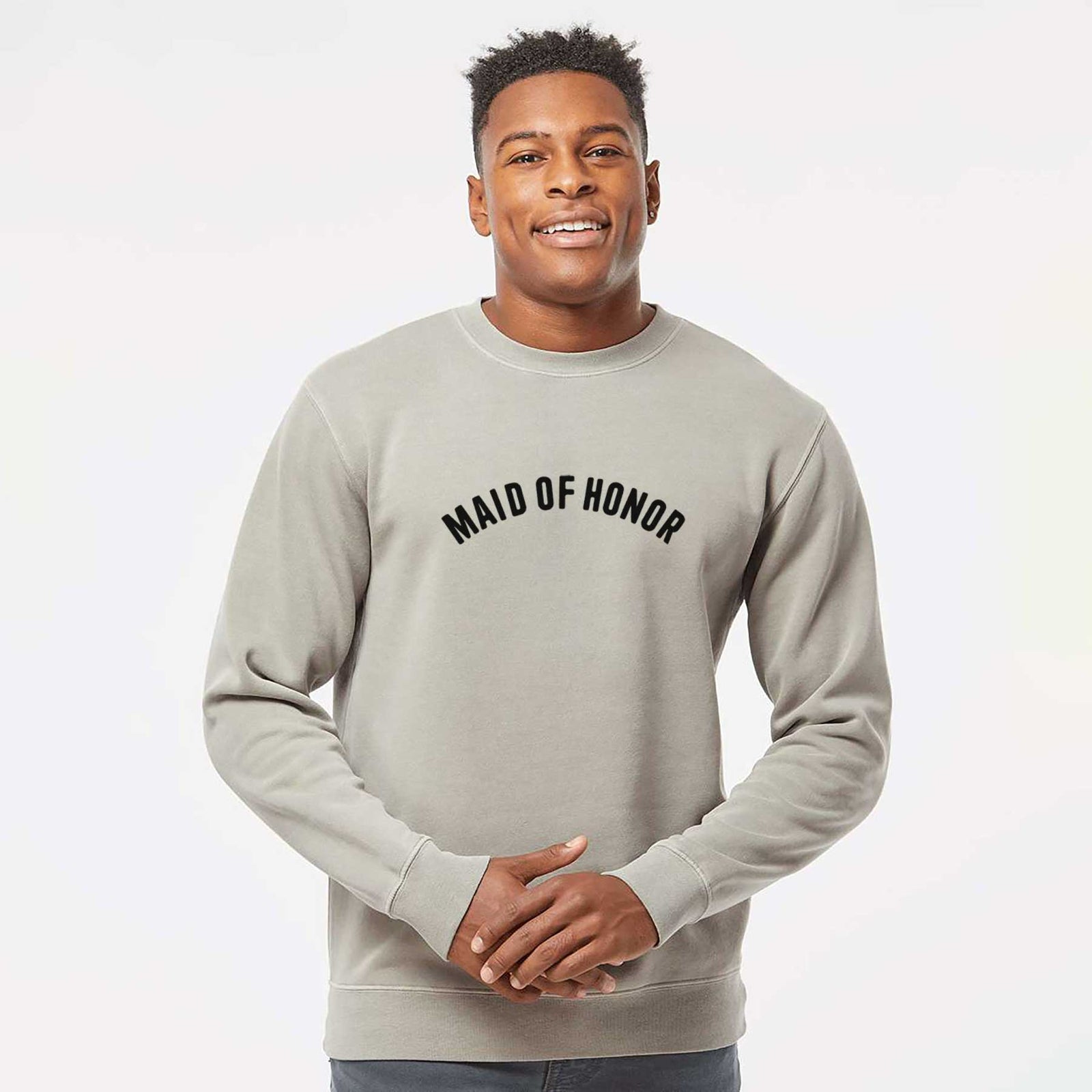 'Maid of Honor - Articulate Collection' design on a Cement Unisex pigment dyed crew sweatshirt