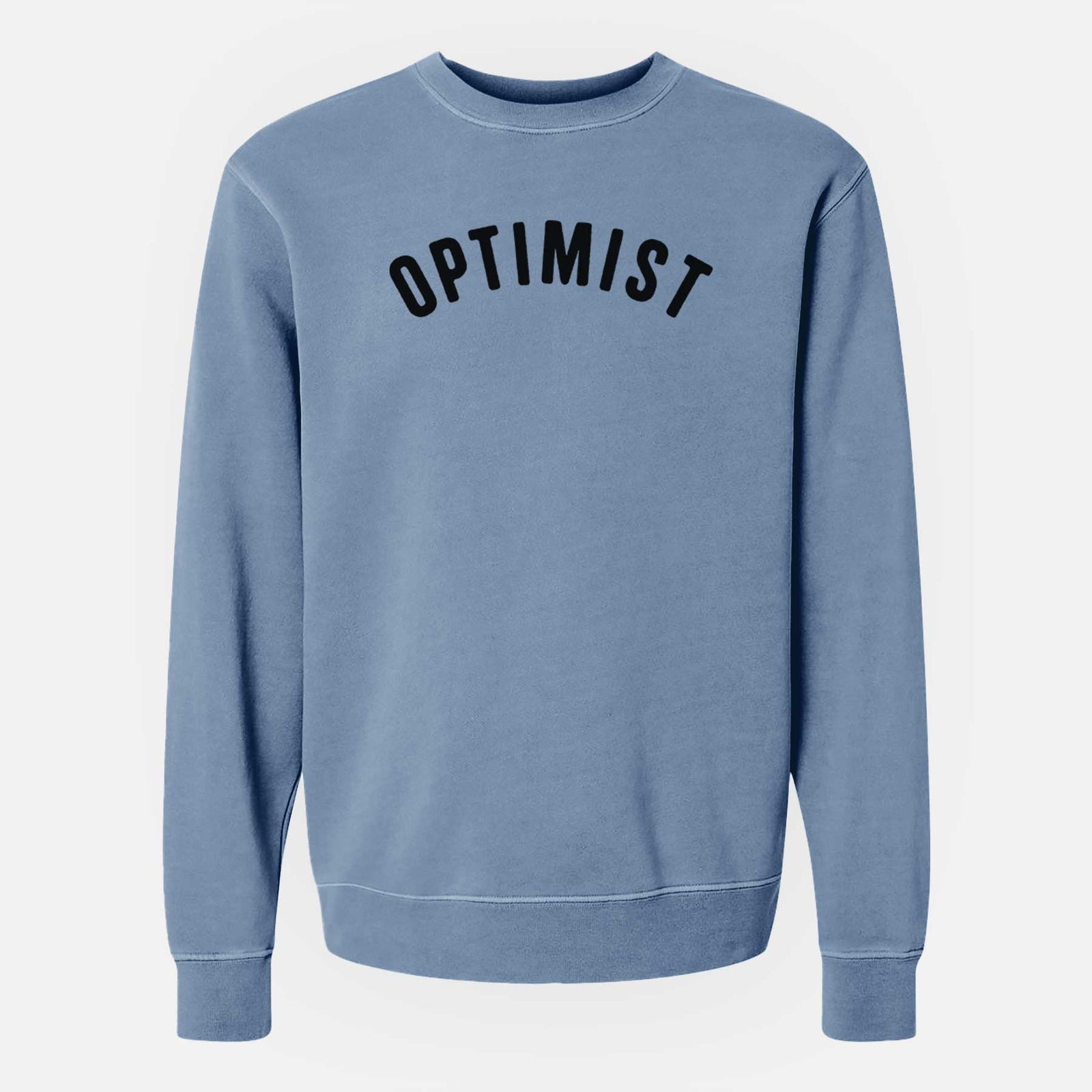 'Optimist - Articulate Collection' design on a Slate Blue Unisex pigment dyed crew sweatshirt