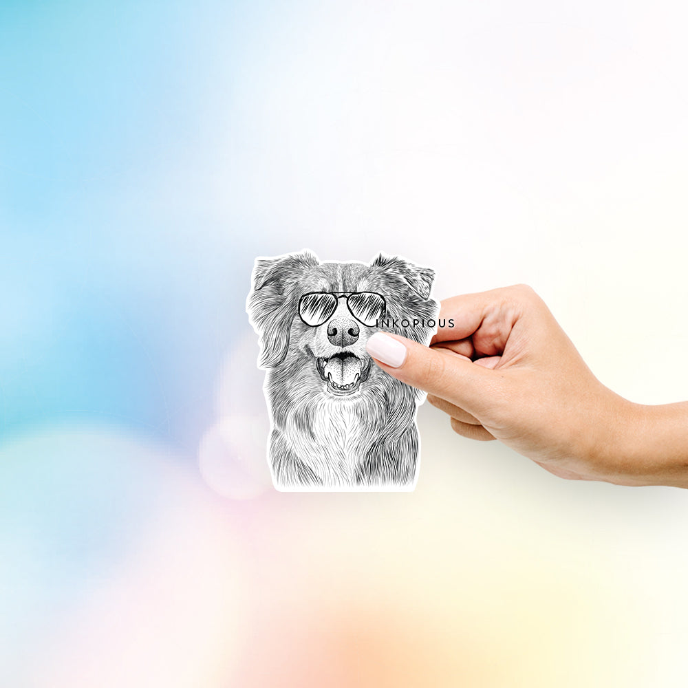 Hand-drawn sketch of Aussie Parker the Australian Shepherd wearing aviator sunglasses on an AParker decal sticker