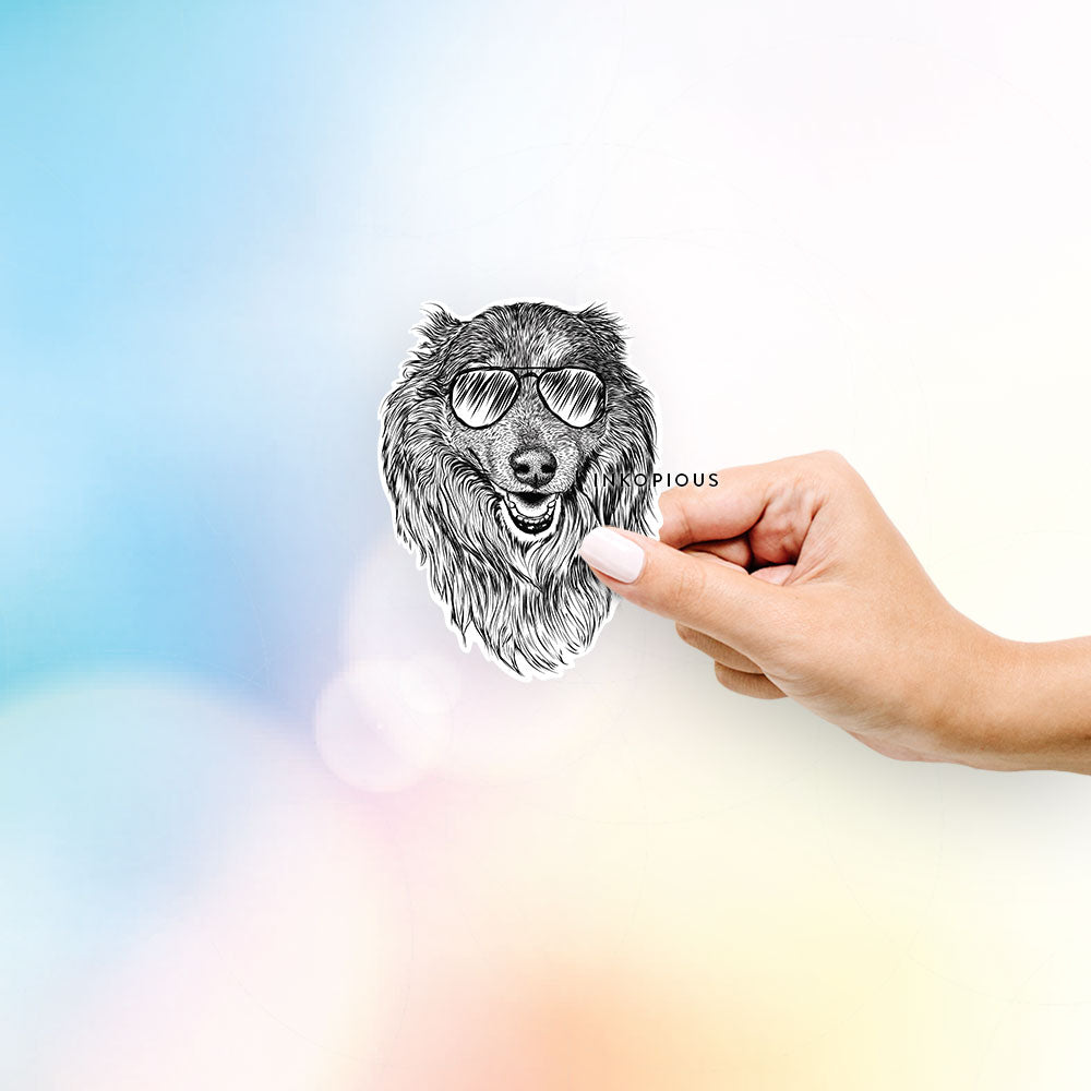 Hand-drawn sketch of Addie the Mixed Breed wearing aviator sunglasses on a decal sticker