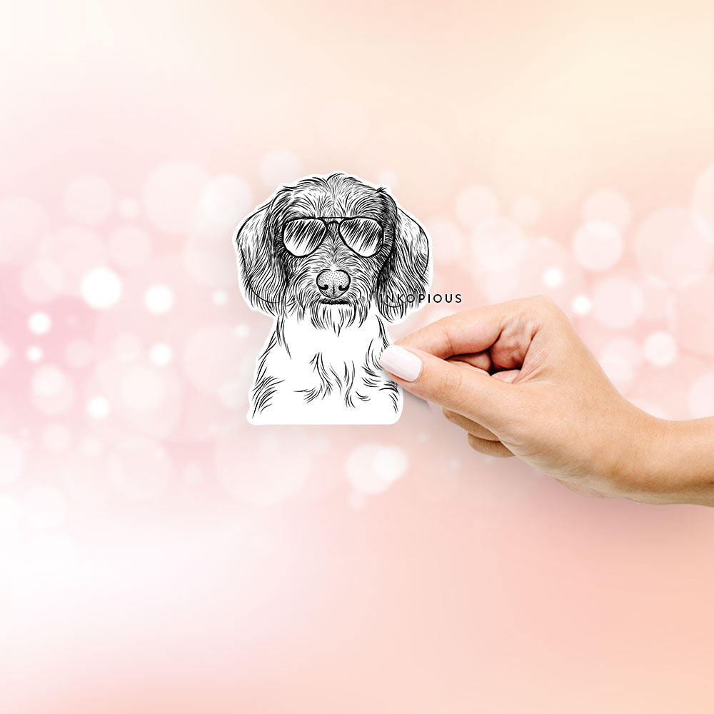 Hand-drawn sketch of Almond the Wirehaired Dachshund wearing aviator sunglasses on a Sticker decal sticker