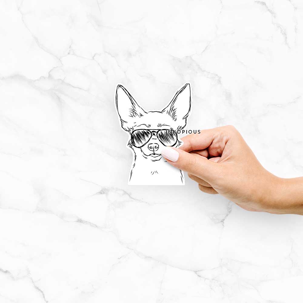 Hand-drawn sketch of Amos the Chihuahua wearing aviator sunglasses on a Cut decal sticker