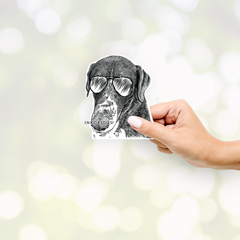 Hand-drawn sketch of Angel Orion the Mixed Breed wearing aviator sunglasses on a Sticker decal sticker
