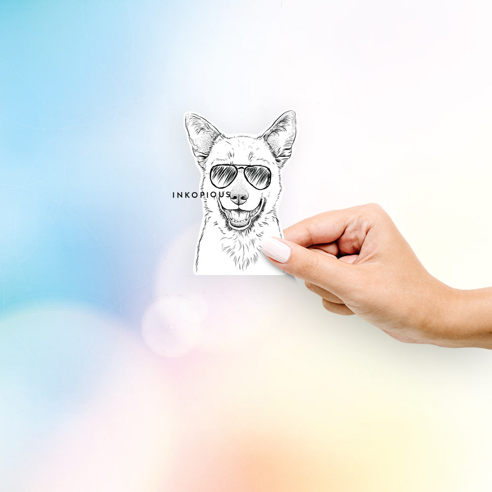 Hand-drawn sketch of Arden the Australian Kelpie wearing aviator sunglasses on a decal sticker