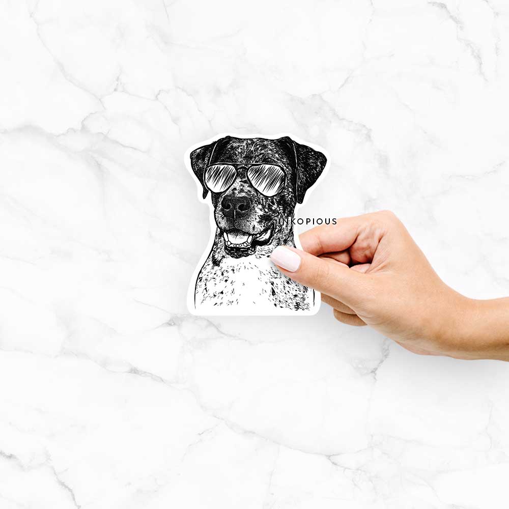 Hand-drawn sketch of Argos the Catahoula wearing aviator sunglasses on a decal sticker
