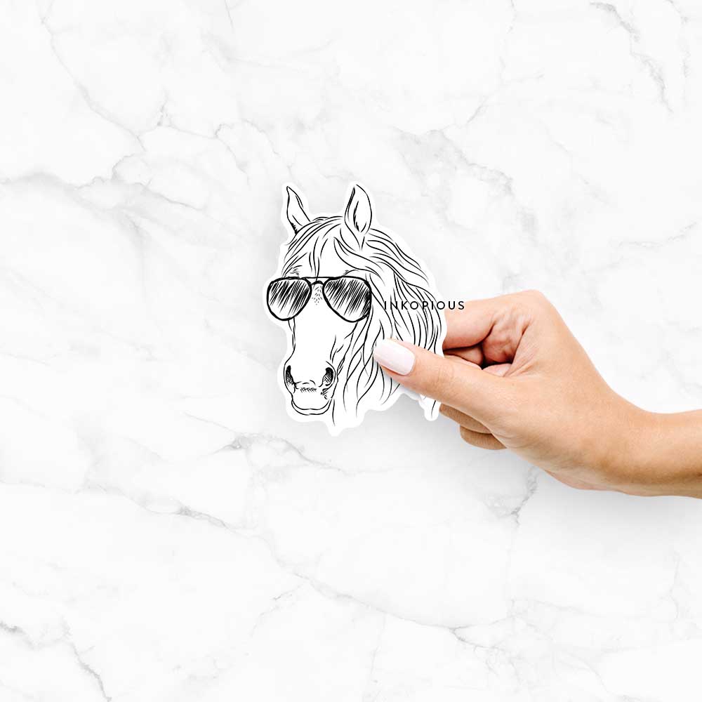 Hand-drawn sketch of Aria the Horse wearing aviator sunglasses on a decal sticker