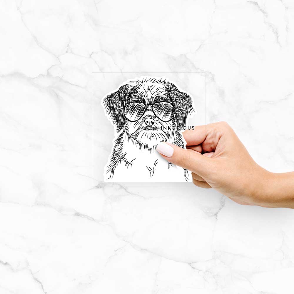 Hand-drawn sketch of Asa the Havanese wearing aviator sunglasses on a Cut decal sticker