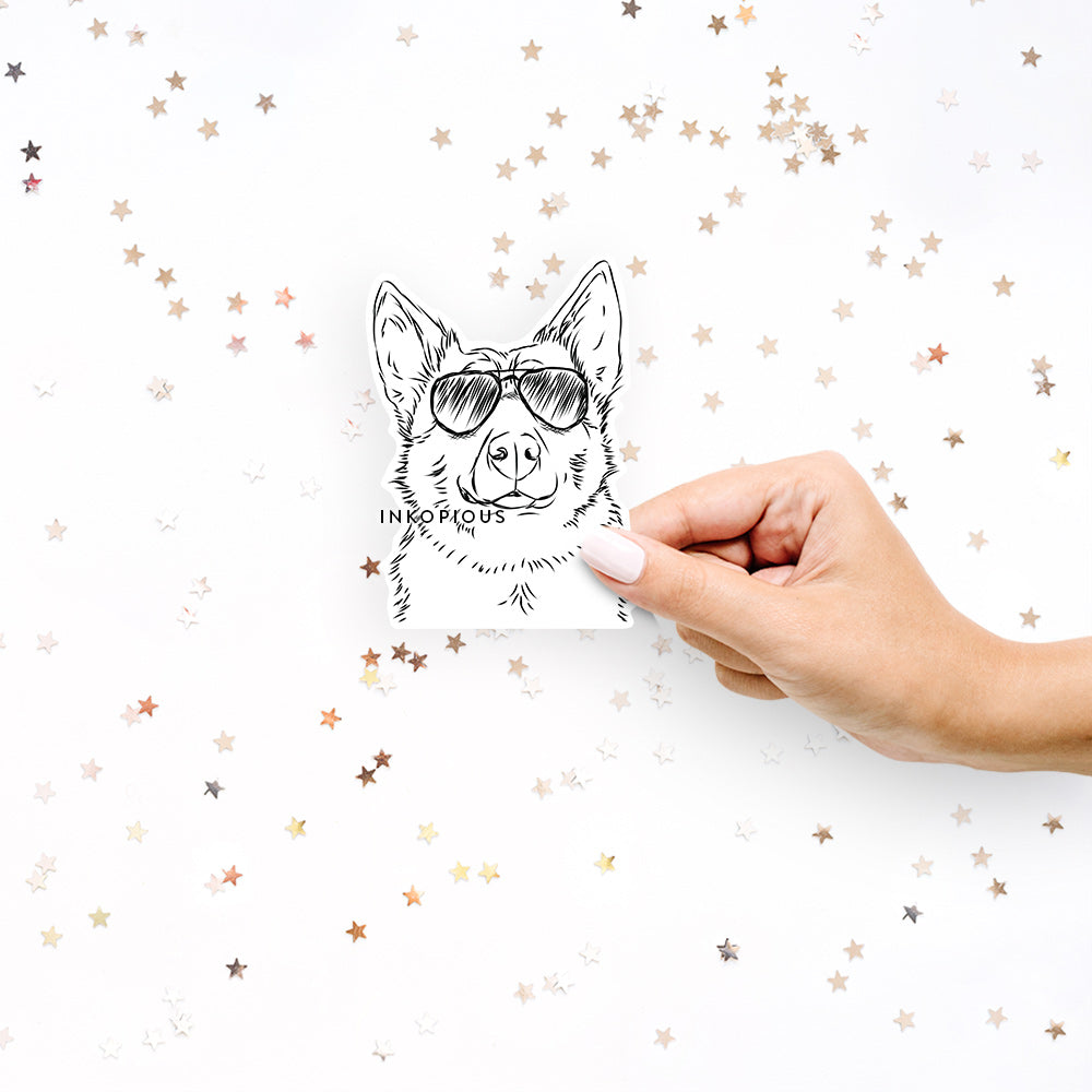 Hand-drawn sketch of Austin the Heeler wearing aviator sunglasses on a decal sticker