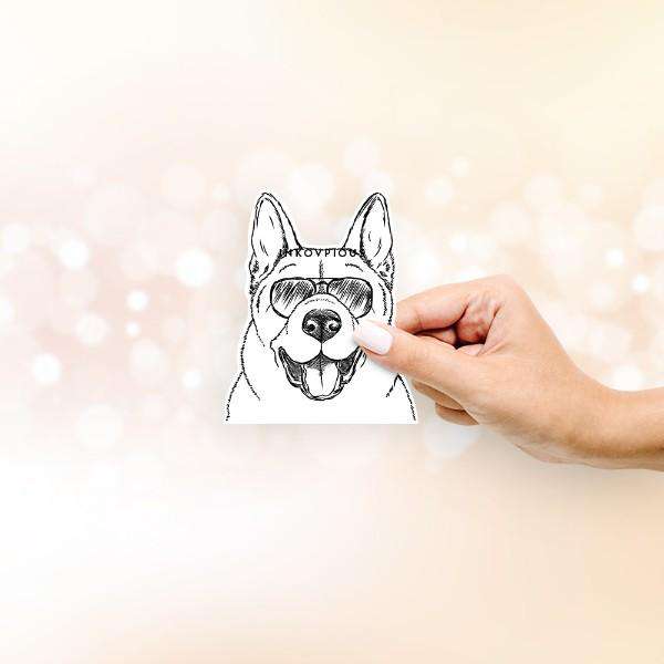 Hand-drawn sketch of Baku the Akita wearing aviator sunglasses on a decal sticker