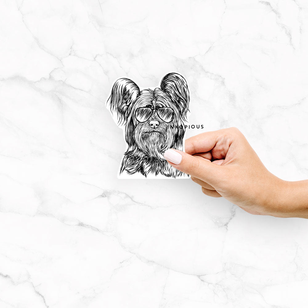 Hand-drawn sketch of Bandit the Skye Terrier wearing aviator sunglasses on a Bandit Skye Terrier decal sticker