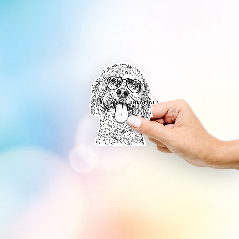 Hand-drawn sketch of Barney the Cavachon wearing aviator sunglasses on a decal sticker