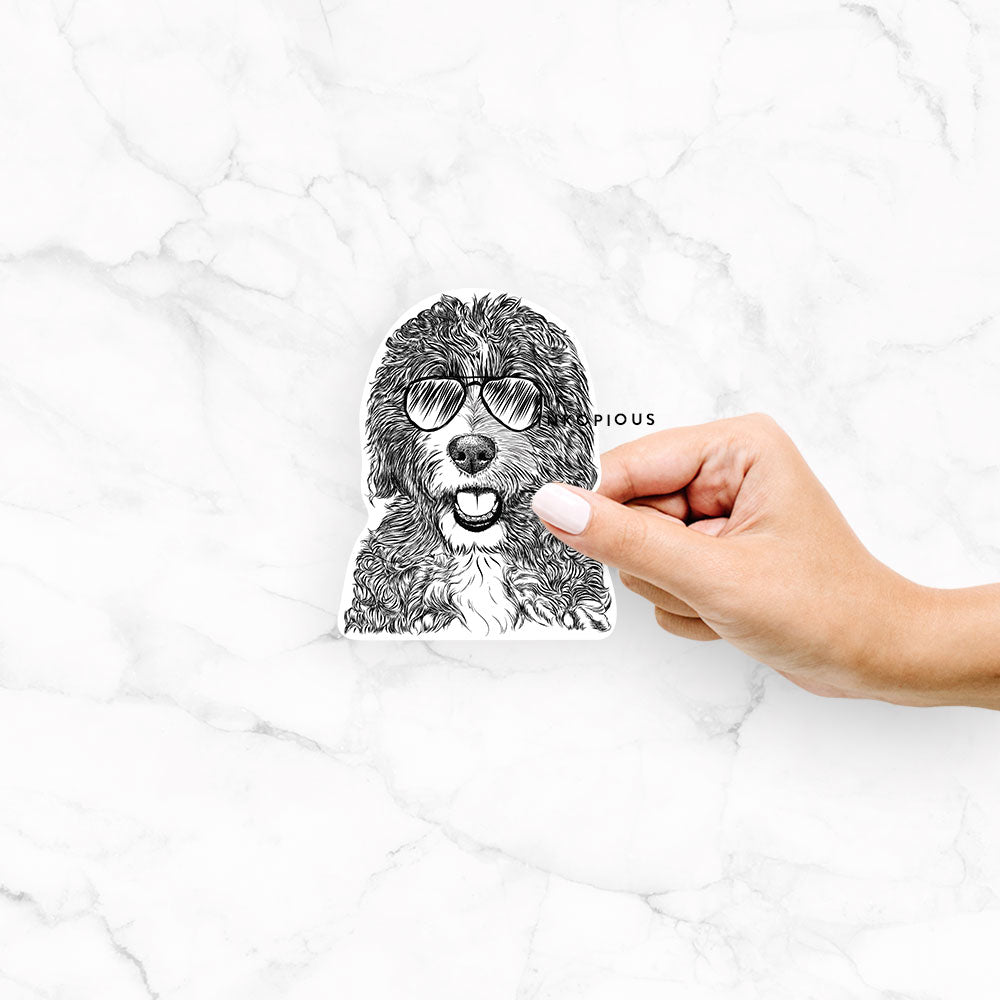Hand-drawn sketch of Bash the Bernedoodle wearing aviator sunglasses on a Bash Bernedoodle decal sticker