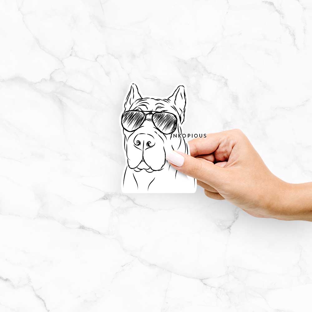 Hand-drawn sketch of Bearson the Cane Corso wearing aviator sunglasses on a Cut decal sticker