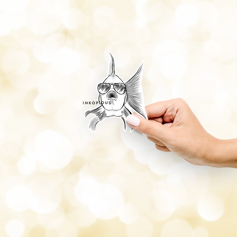 Hand-drawn sketch of Beefcake the Goldfish wearing aviator sunglasses on a decal sticker
