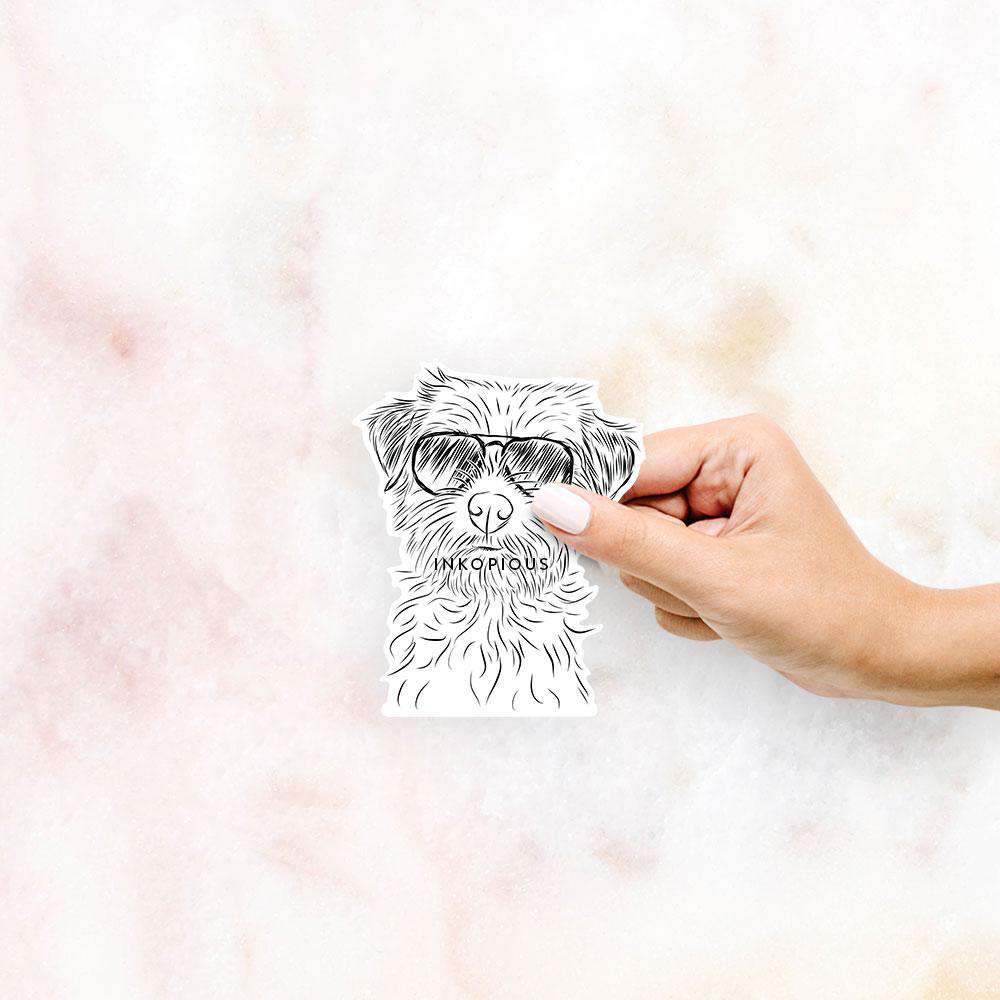 Hand-drawn sketch of Benjamin the Border Terrier wearing aviator sunglasses on a decal sticker
