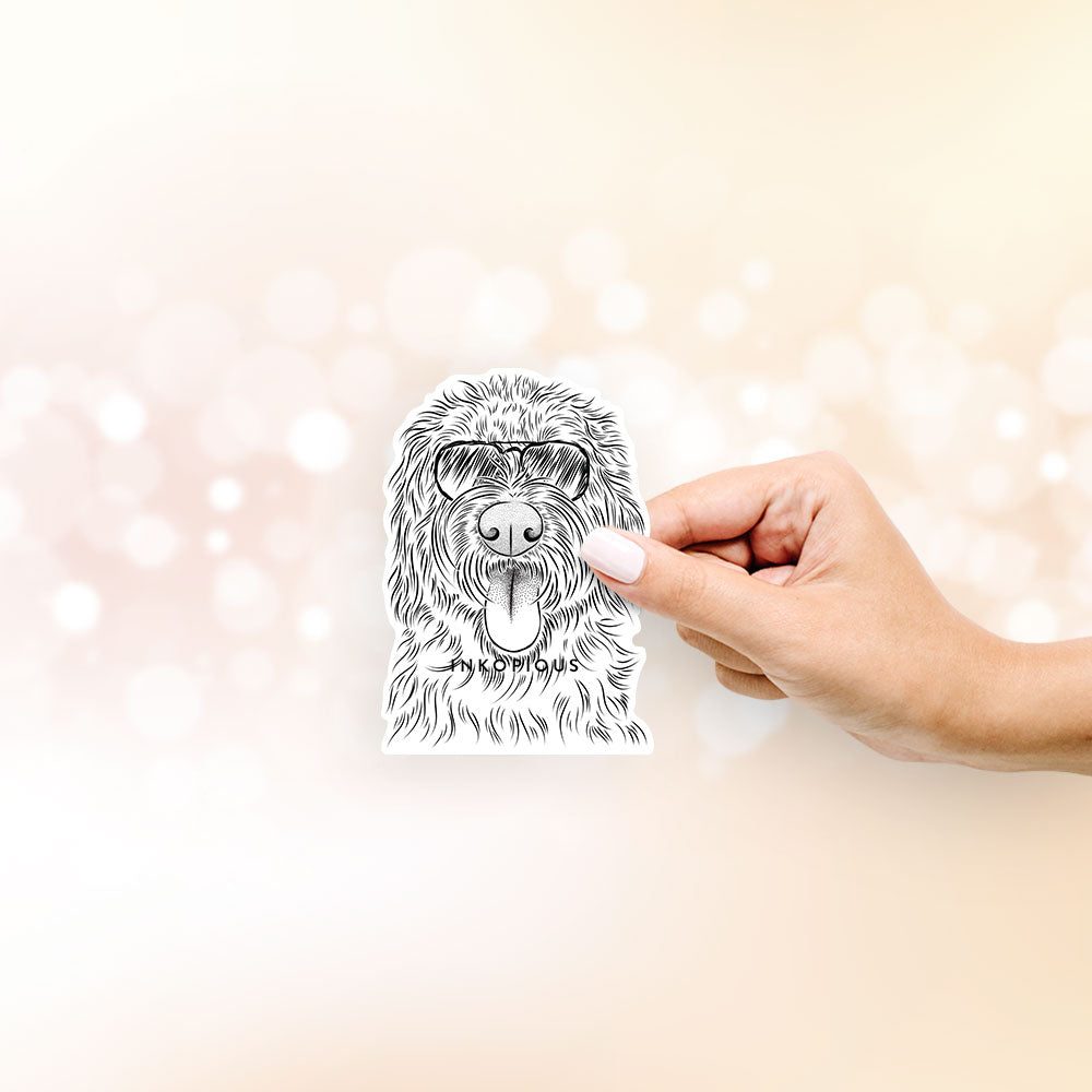Hand-drawn sketch of Bennett the Doodle wearing aviator sunglasses on a decal sticker