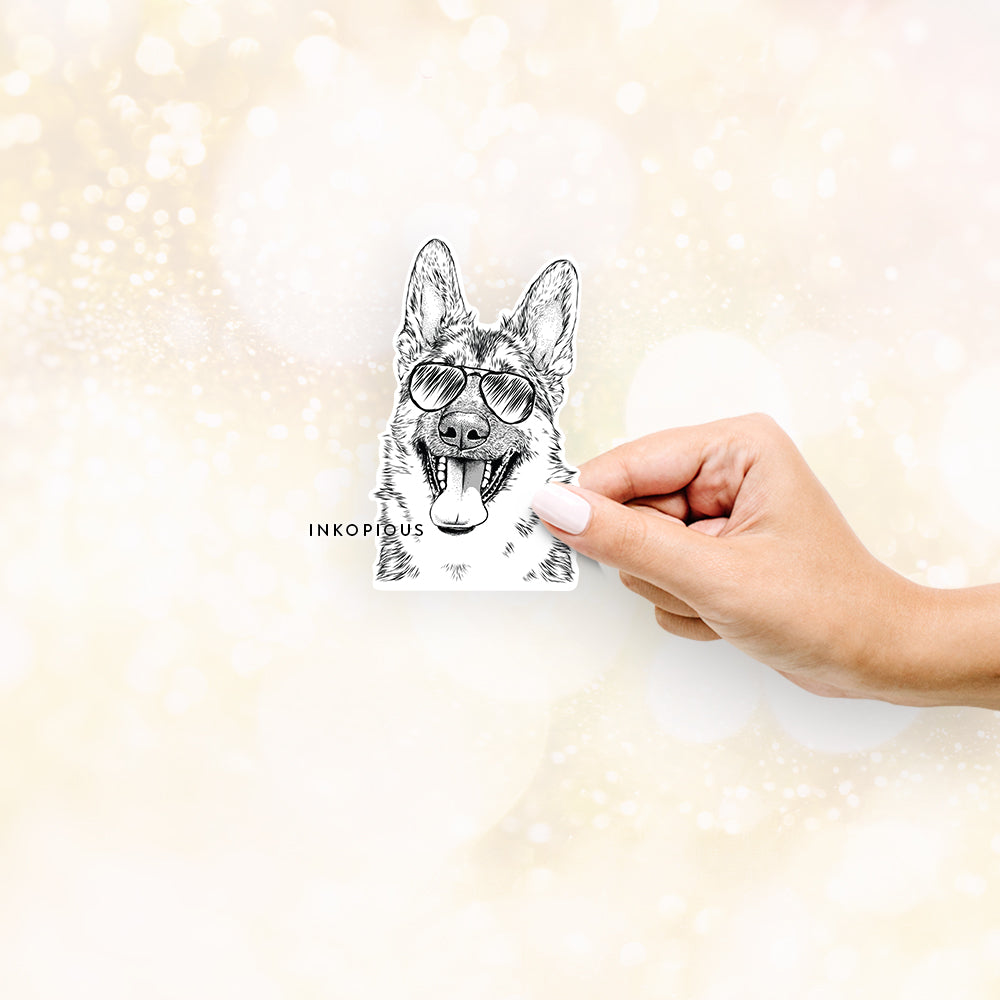 Hand-drawn sketch of Benson the German Shepherd wearing aviator sunglasses on a Sticker decal sticker
