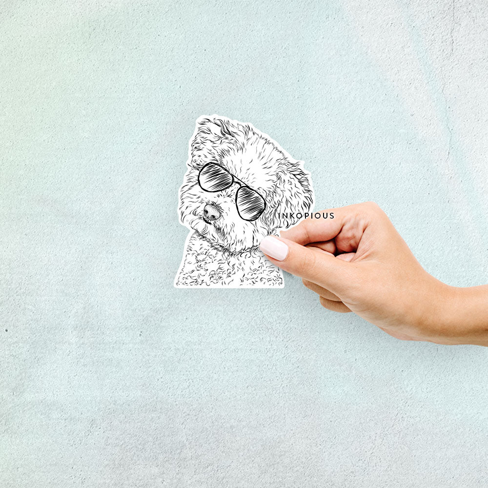 Hand-drawn sketch of Bento the Bolognese wearing aviator sunglasses on a decal sticker
