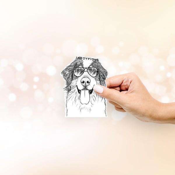 Hand-drawn sketch of a Blaze The Bernese Mountain Dog wearing aviator sunglasses on a Berner decal sticker