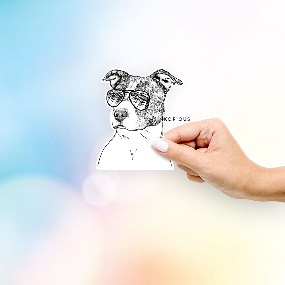 Hand-drawn sketch of Blu the Pitbull wearing aviator sunglasses on a decal sticker