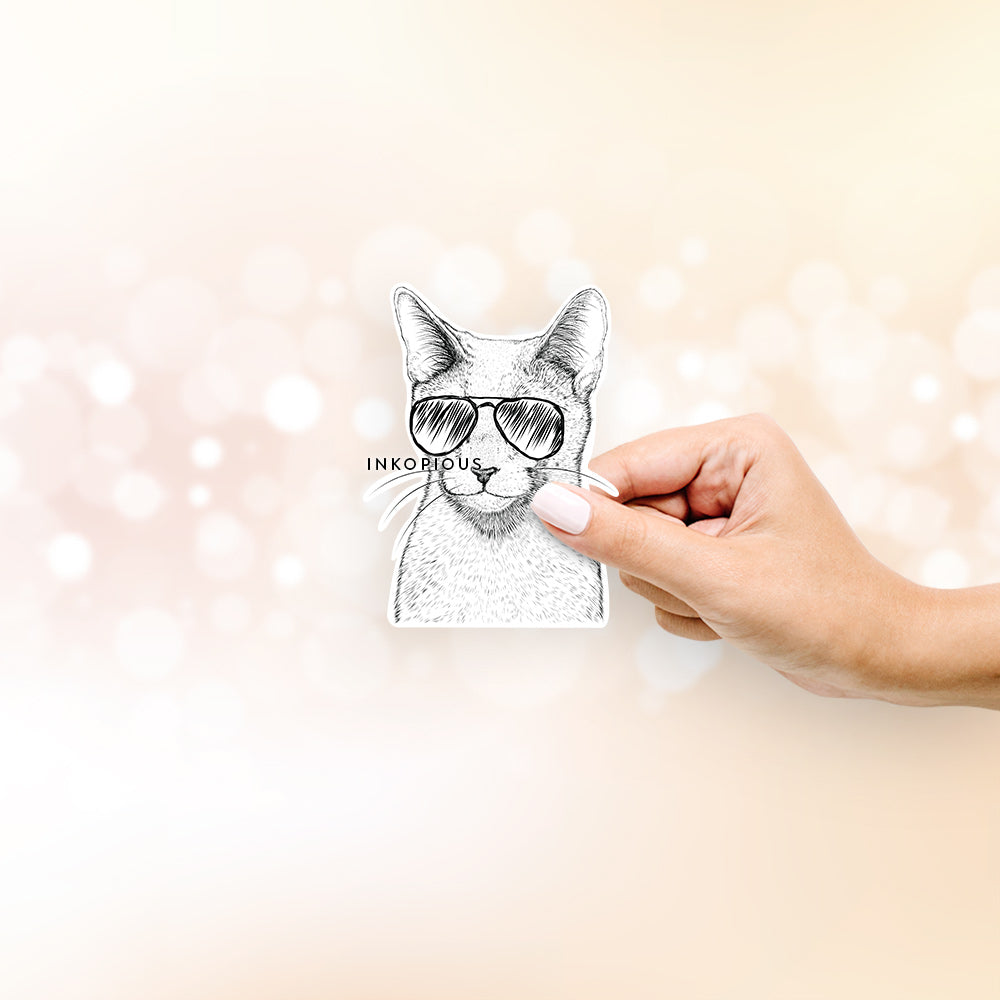Hand-drawn sketch of Blue the Russia Blue Cat wearing aviator sunglasses on a decal sticker
