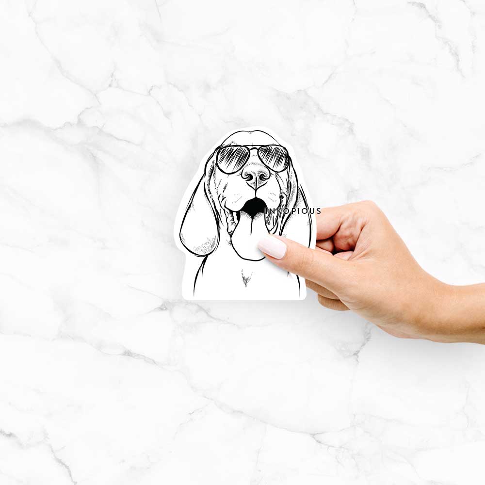Hand-drawn sketch of Bodi the Vizsla wearing aviator sunglasses on a Bodi Vizsla decal sticker