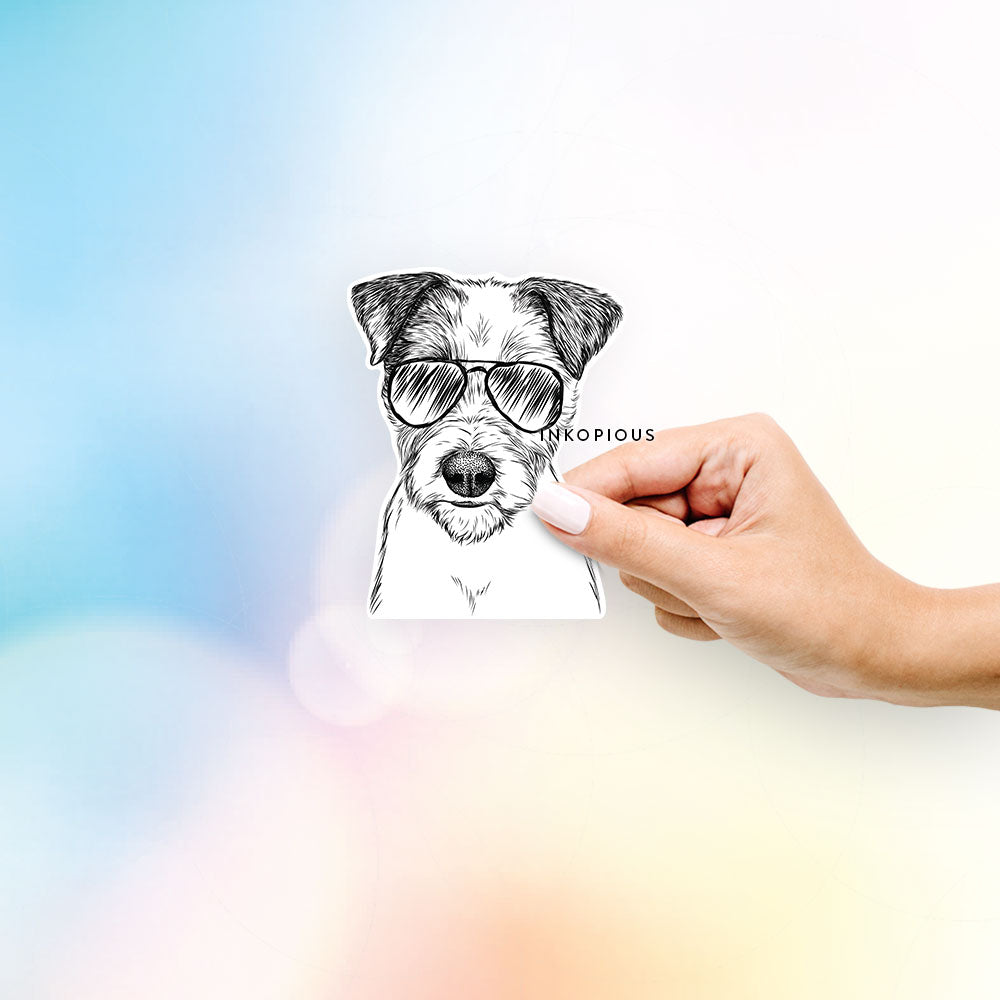 Hand-drawn sketch of Bogart the Parsons Russell Terrier wearing aviator sunglasses on a decal sticker