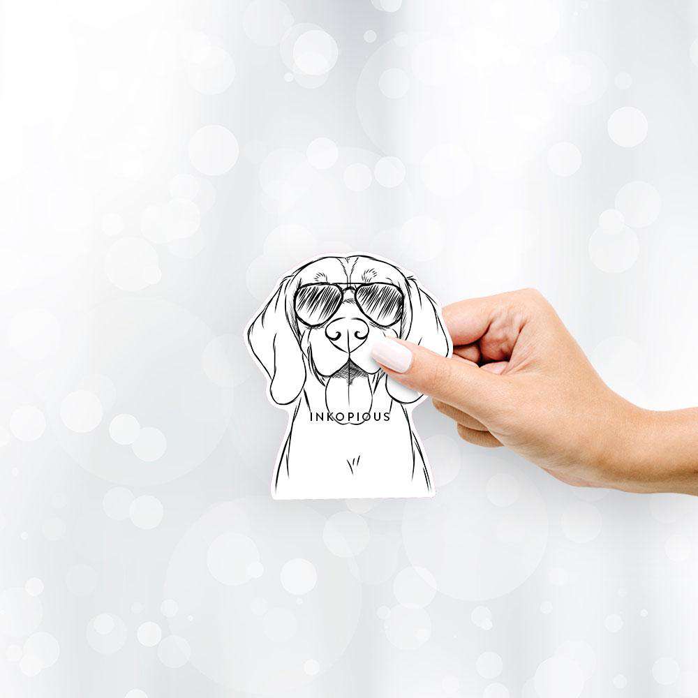 Hand-drawn sketch of Bogie the Beagle wearing aviator sunglasses on a decal sticker