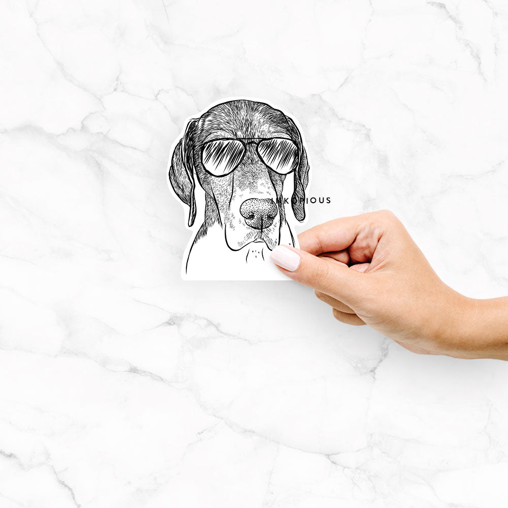Hand-drawn sketch of Bohdi the German Shorthaired Pointer wearing aviator sunglasses on a Bohdi GSP decal sticker