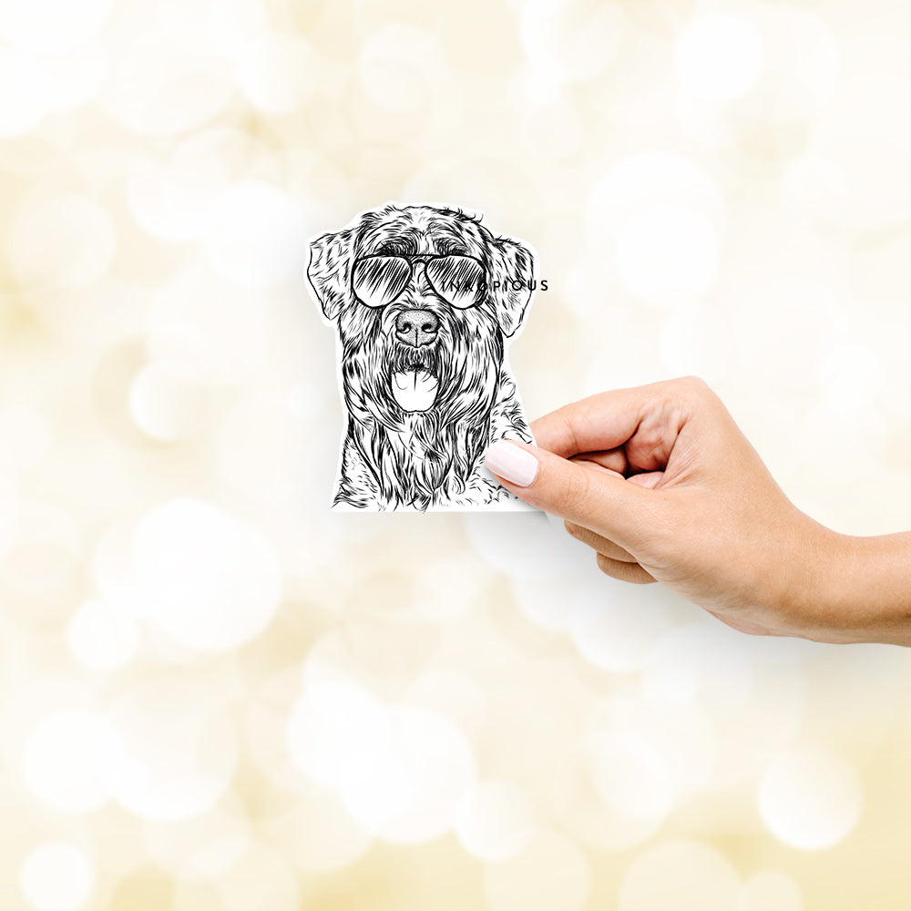 Hand-drawn sketch of Bonnie the Bouvier des Flandres wearing aviator sunglasses on a decal sticker