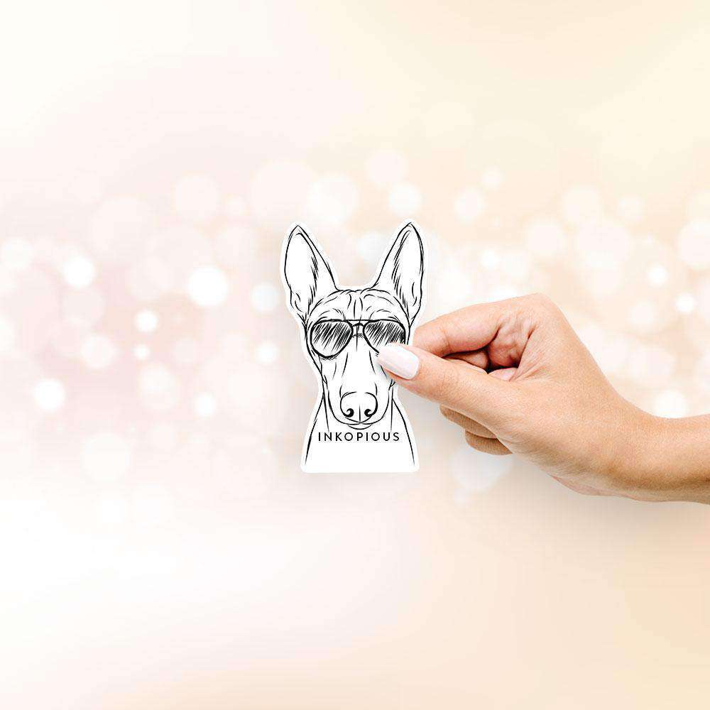 Hand-drawn sketch of Bonsai the Basenji wearing aviator sunglasses on a decal sticker