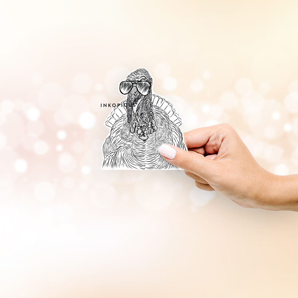 Hand-drawn sketch of Brady the Turkey wearing aviator sunglasses on a decal sticker
