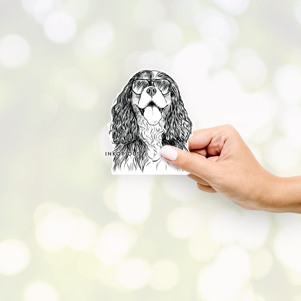 Hand-drawn sketch of Brandy the Cavalier King Charles Spaniel wearing aviator sunglasses on a Sticker decal sticker