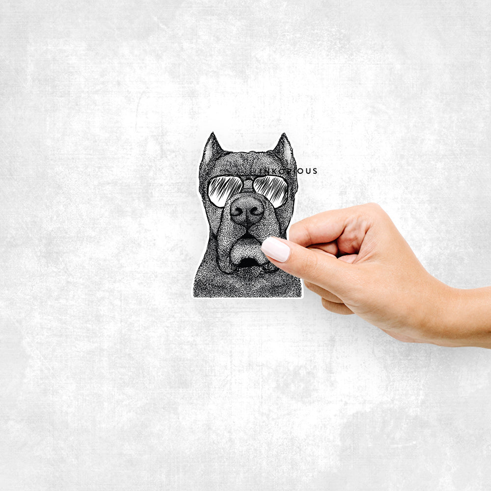 Hand-drawn sketch of Bruno the Cane Corso wearing aviator sunglasses on a decal sticker