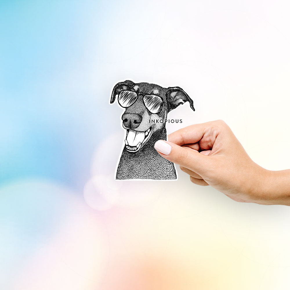 Hand-drawn sketch of Bunnie the Doberman Pinscher wearing aviator sunglasses on a decal sticker