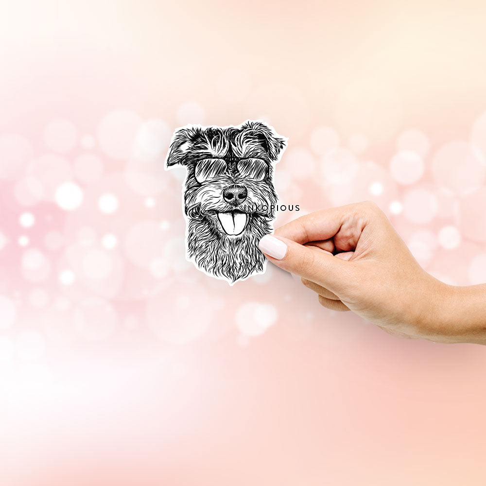 Hand-drawn sketch of Buster the Schnoodle wearing aviator sunglasses on a Sticker decal sticker
