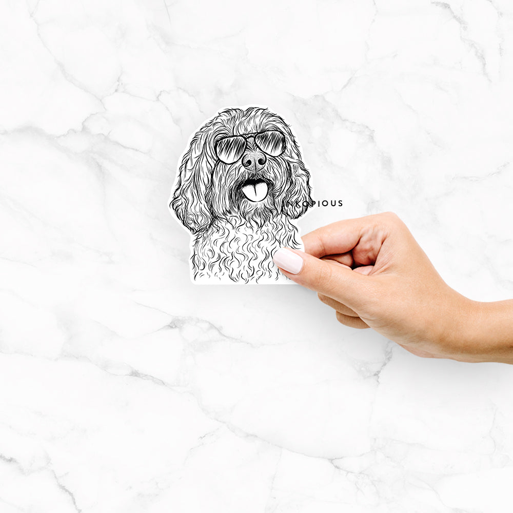 Hand-drawn sketch of Cali the Cavapoo wearing aviator sunglasses on a Cali Cavapoo decal sticker