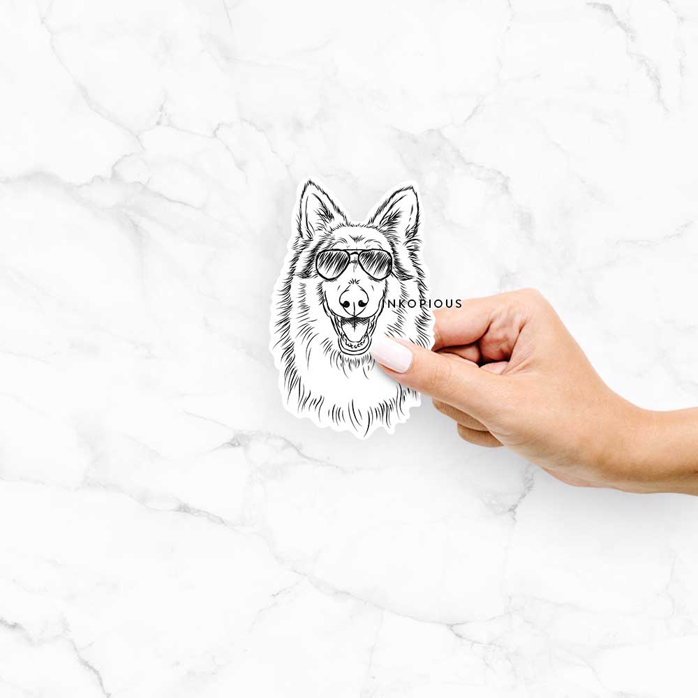 Hand-drawn sketch of Cannon the Rough Collie wearing aviator sunglasses on a decal sticker